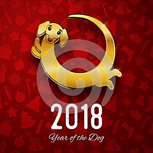 Happy new year of the dog 2018, gold text, card, postcard, vector illustration, cute funny dachshund round logo design