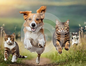 Cute funny dog and cat group jumps and running and happily a field blurred background