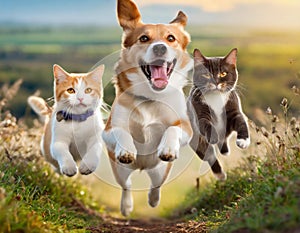 Cute funny dog and cat group jumps and running and happily a field blurred background