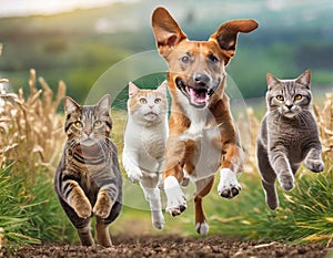 Cute funny dog and cat group jumps and running and happily a field blurred background