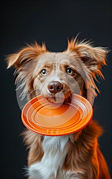 A cute and funny dog holding a frisbee in his mouth