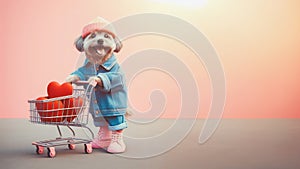 Cute funny dog holding a Shopping cart with heart inside. Valentines day concept