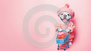 Cute funny dog holding a Shopping cart with heart inside. Valentines day concept