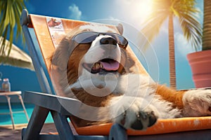 Cute funny dog ralax at the beach. Illustration Generative AI