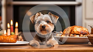 Cute funny dog at table in kitchen