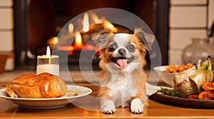 Cute funny dog at table in kitchen