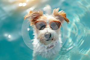 Cute funny dog wearing sunglasses and floating in a swimming pool. Travel, summer vacation, holiday