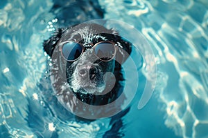 Cute funny dog wearing sunglasses and floating in a swimming pool. Travel, summer vacation, holiday