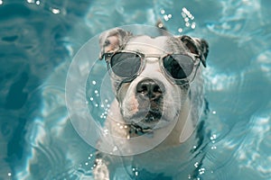 Cute funny dog wearing sunglasses and floating in a swimming pool. Travel, summer vacation, holiday