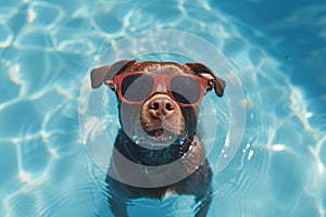 Cute funny dog wearing sunglasses and floating in a swimming pool. Travel, summer vacation, holiday