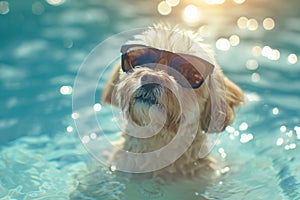 Cute funny dog wearing sunglasses and floating in a swimming pool. Travel, summer vacation, holiday