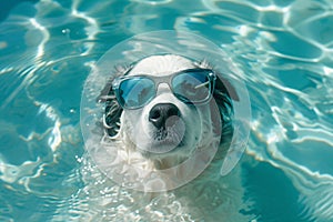 Cute funny dog wearing sunglasses and floating in a swimming pool. Travel, summer vacation, holiday