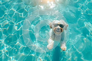 Cute funny dog wearing sunglasses and floating in a swimming pool. Travel, summer vacation, holiday