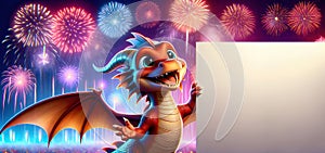 Cute funny dragon celebrates Chinese New Year with fireworks and banner