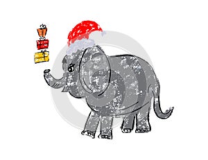 Cute funny elephant with Christmas and New Year gifts in cartoon style. Doodle style.