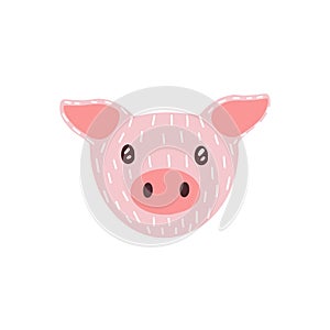Cute funny face of mini pig. Amusing head portrait of piglet in doodle style. Lovely adorable snout of young domestic