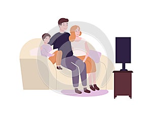 Cute funny family sitting on couch or sofa and watching TV, movie or film. Adorable joyful mother, father and son