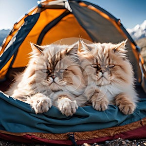 Cute funny fluffy gray Persian cats on the background of a camping tent