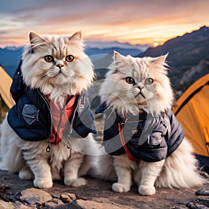 Cute funny fluffy gray Persian cats in jackets on a background of camping tents