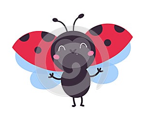 Cute funny flying ladybug. Little ladybird insect mascot cartoon vector illustration