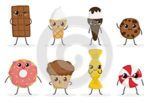 Cute funny food characters set isolated on white background. Sweets collection. Junk food. Ice cream, donut, cookies, candy, cake