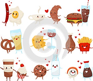 Cute funny food and drinks cartoon characters set, forever friends, fast food menu vector Illustration on a white