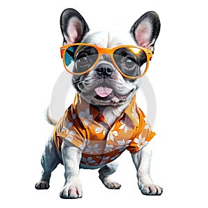 Cute funny French bulldog puppy wearing orange sunglasses and an orange Hawaiian shirt