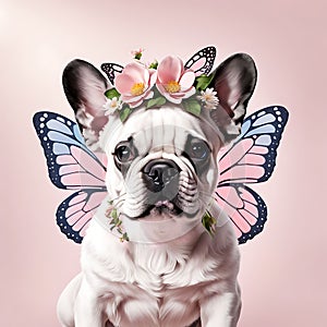 Cute funny French bulldog puppy with a wreath of pink flowers on his head and butterfly wings