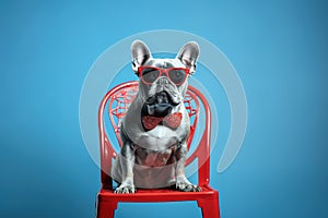 Cute funny French bulldog with sunglasses sitting on chair over blue background studio shot.