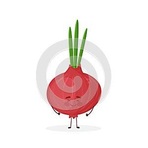 Cute funny fresh onion vegetable character. Vector hand drawn cartoon kawaii character illustration icon. Isolated