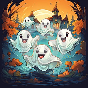 Cute funny friendly ghosts fly over the old town on Halloween night