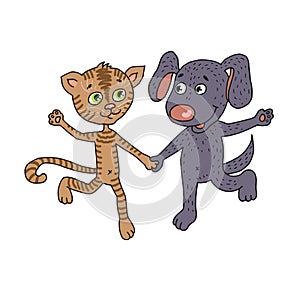 Cute and funny friends kitten and puppy happily running hand in hand