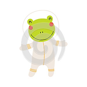 Cute funny frog astronaut in space suit cartoon character illustration.