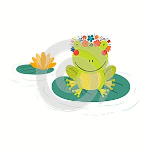 Cute funny frog in flower wreath sitting on leaf
