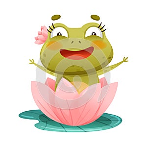 Cute funny frog. Green adorable toad character sitting on lotus flower in pond cartoon vector illustration