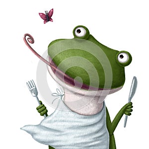 Cute funny frog having breakfast, watercolor style illustration, children`s room clipart with cartoon character