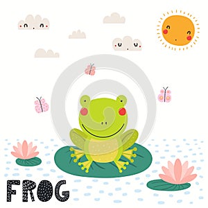 Cute funny frog in pond sitting on water lily leaf