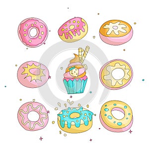 Cute funny Girl teenager colored icon set donuts, fashion cute teen and princess icons. Magic fun cute girls donuts and