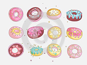 Cute funny Girl teenager colored icon set donuts, fashion cute teen and princess icons. Magic fun cute girls donuts hand