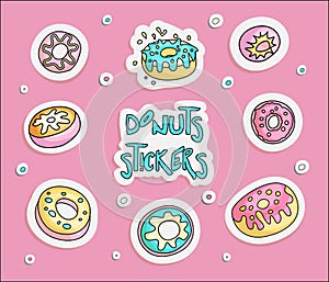 Cute funny Girl teenager colored stickers set donuts, fashion cute teen and princess patch icons. Magic fun cute girls