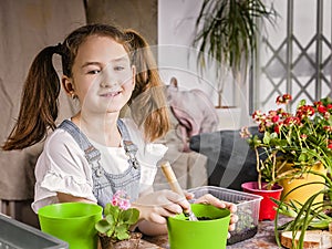 Cute funny girl transplants home flowers. Houseplant care. Hobby gardening