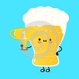 Cute funny glass of beer hold gold trophy cup. Vector hand drawn cartoon kawaii character illustration icon. Isolated on