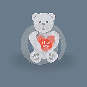 Cute funny gray Teddy bear with a red heart with the words I love you on a navy background.For Valentine`s day cards for your