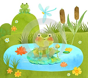 Cute funny green frog, toad watercolor illustration with eggs and tadpole