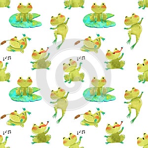 Cute funny green frog, toad watercolor illustration with eggs and tadpole seamless pattern