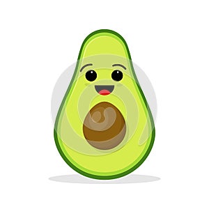 Cute funny green kawaii avocado with smile isolated on white background. Flat cartoon character kawaii illustration icon