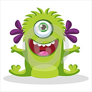 Cute Funny Green Monster With One Eye Vector Illustration. Cartoon Mascot On A White Background.