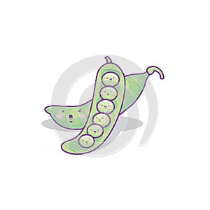 Cute funny green peas vegetable cartoon kawaii style