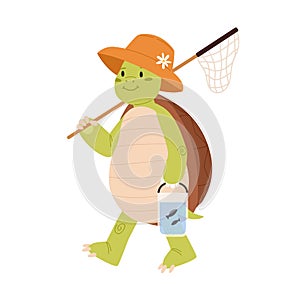 Cute and funny green turtle in summer hat going fishing and carrying landing net. Happy smiling tortoise character