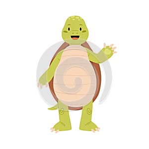 Cute and funny green turtle waving hand and saying hi. Happy smiling tortoise character standing on back paws isolated